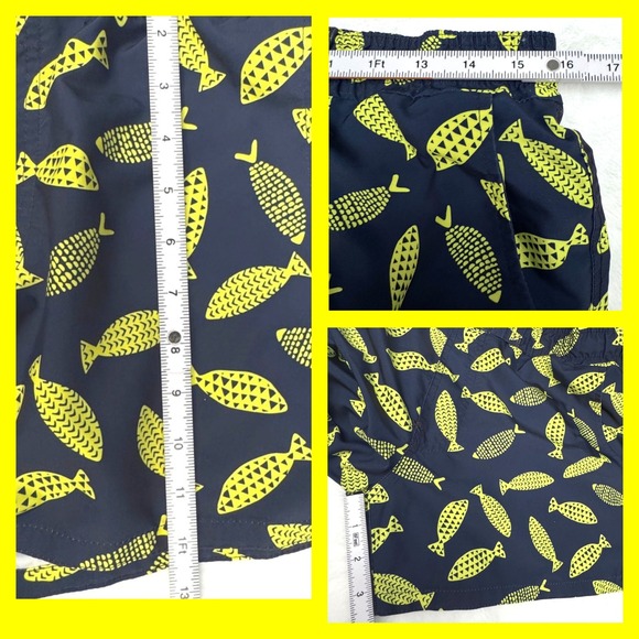 2XIST Ibiza Mens S Swim Trunks Shorts Deco Sea Print Navy Yellow Fish Drawstring - Picture 10 of 11